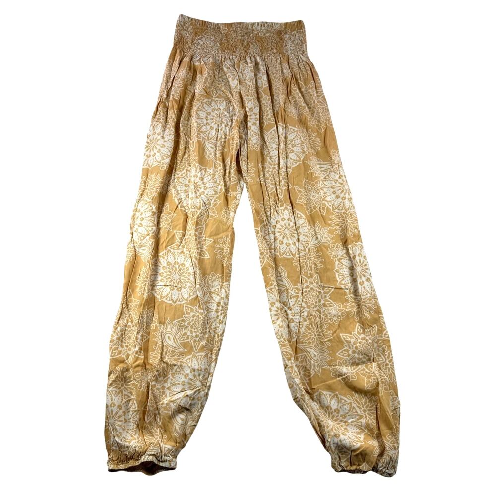 Lotus and Luna Harem Pants S/M Boho Smocked Waist Festival Mandala Print Yellow